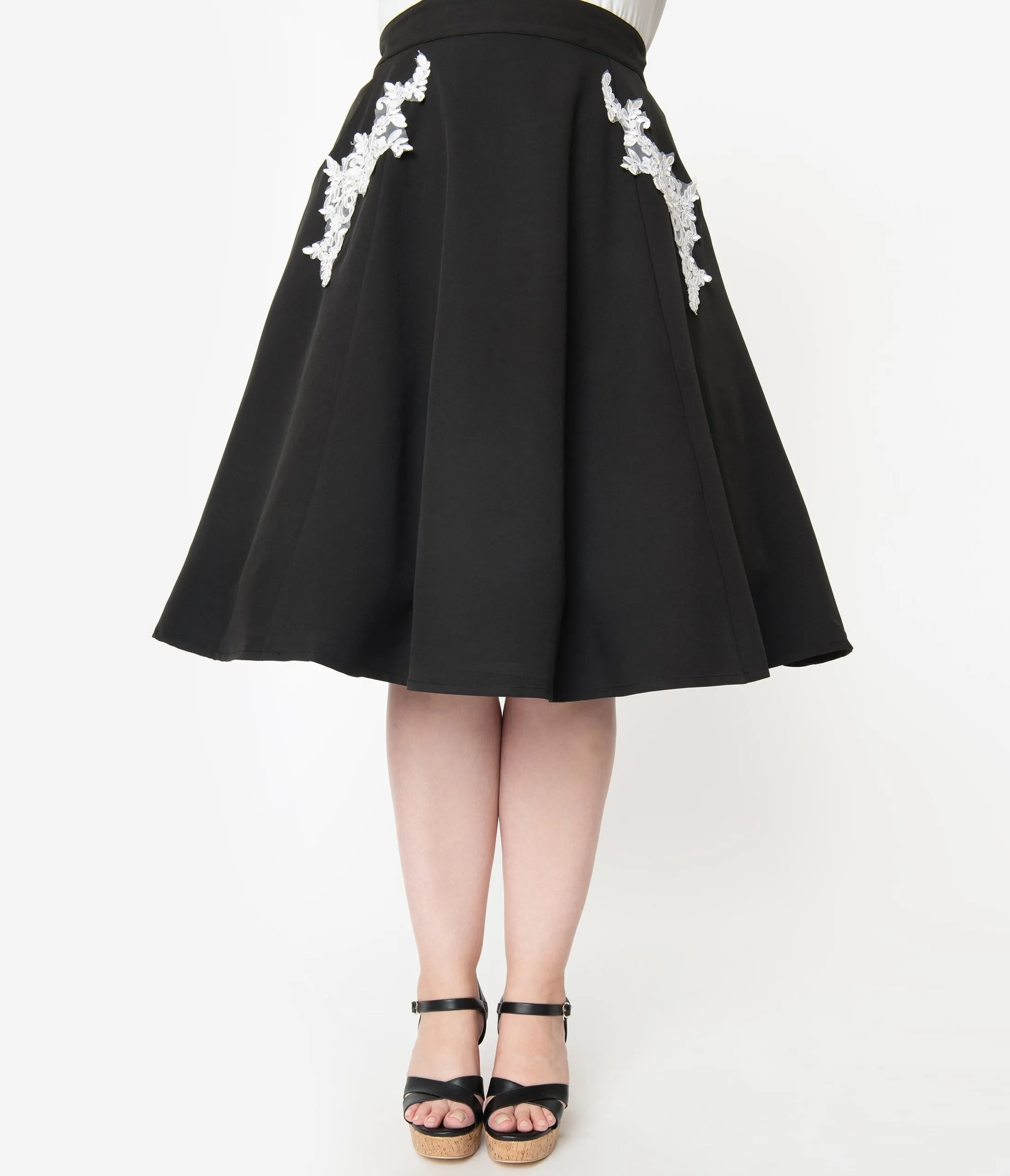 Unique Vintage Plus Size 1950s Black Embroidered Steffi Swing Skirt