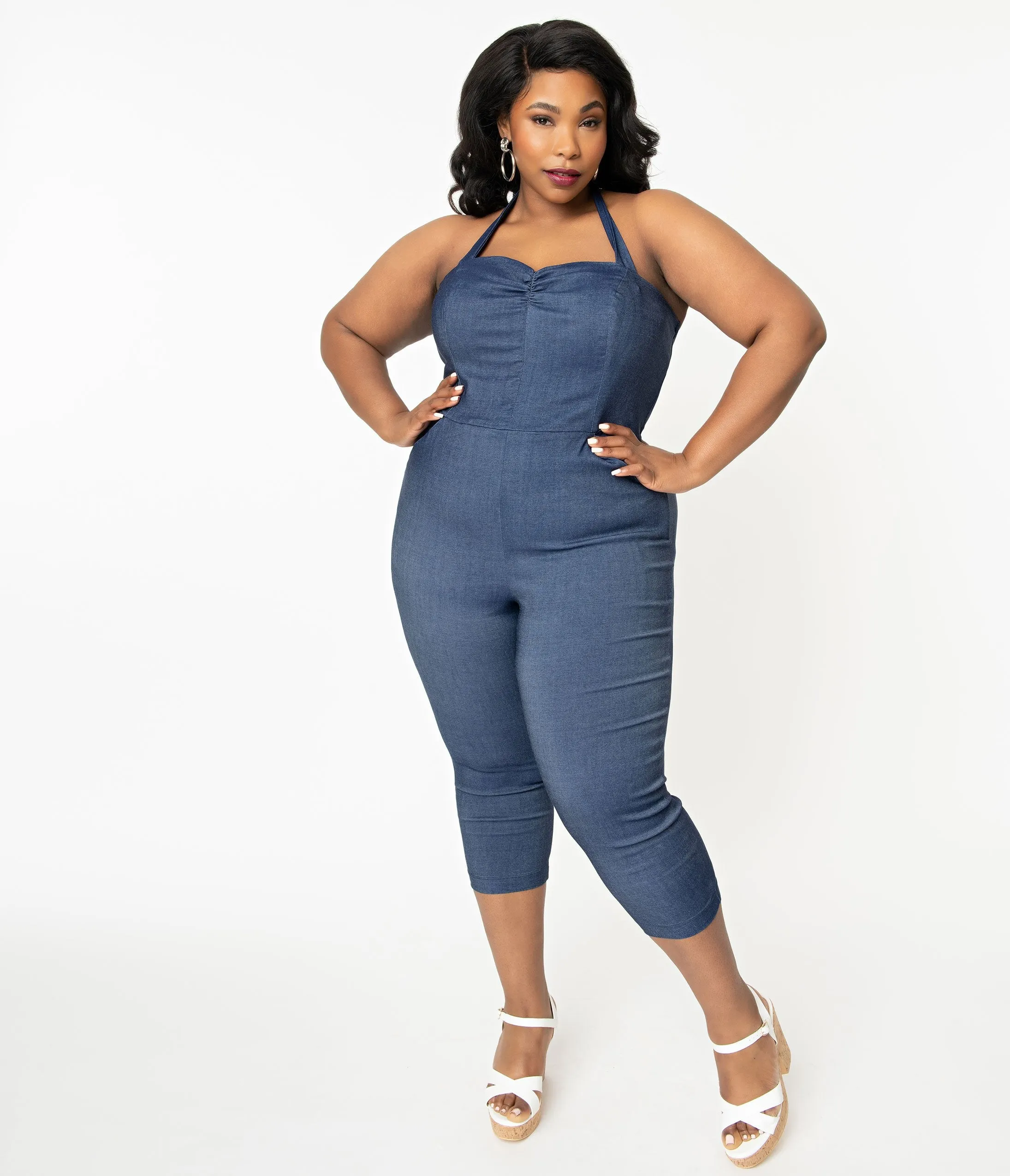 Unique Vintage Plus Size 1950s Blue Denim Marcel Cropped Jumpsuit