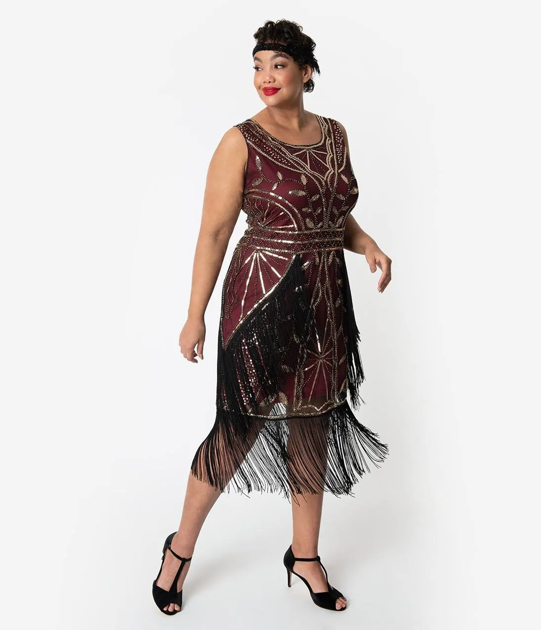 Unique Vintage Plus Size Burgundy & Gold Beaded Ambroise Flapper Dress