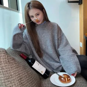 Uniwim  New Autumn and Winter Loose Skin-Friendly Solid Color round Neck Knitted Lazy Outer Wear Pullover Thickened Soft Glutinous Sweater for Women
