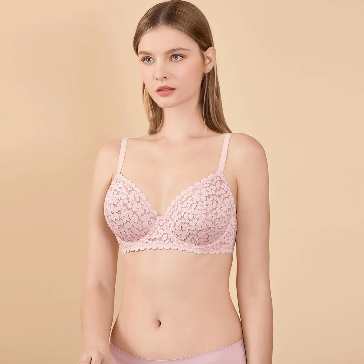Unlined Lace Minimizer Full Coverage Underwire Back Closure Pink Bra