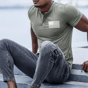 USA FLAG STRIPED HENLY COLLAR GRAPHIC TEE