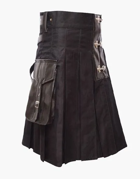 Utility kilt in black with a leather belt