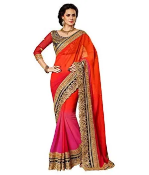 V Art Women's Embroidered Embellished Saree With Work Blouse (Orange-Pink)