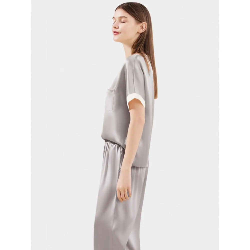 V neck 100% Pure Mulberry Short Sleeve Silk Pajama Set for Women