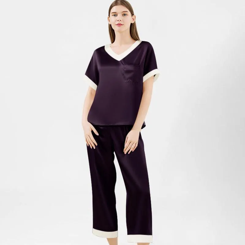 V neck 100% Pure Mulberry Short Sleeve Silk Pajama Set for Women