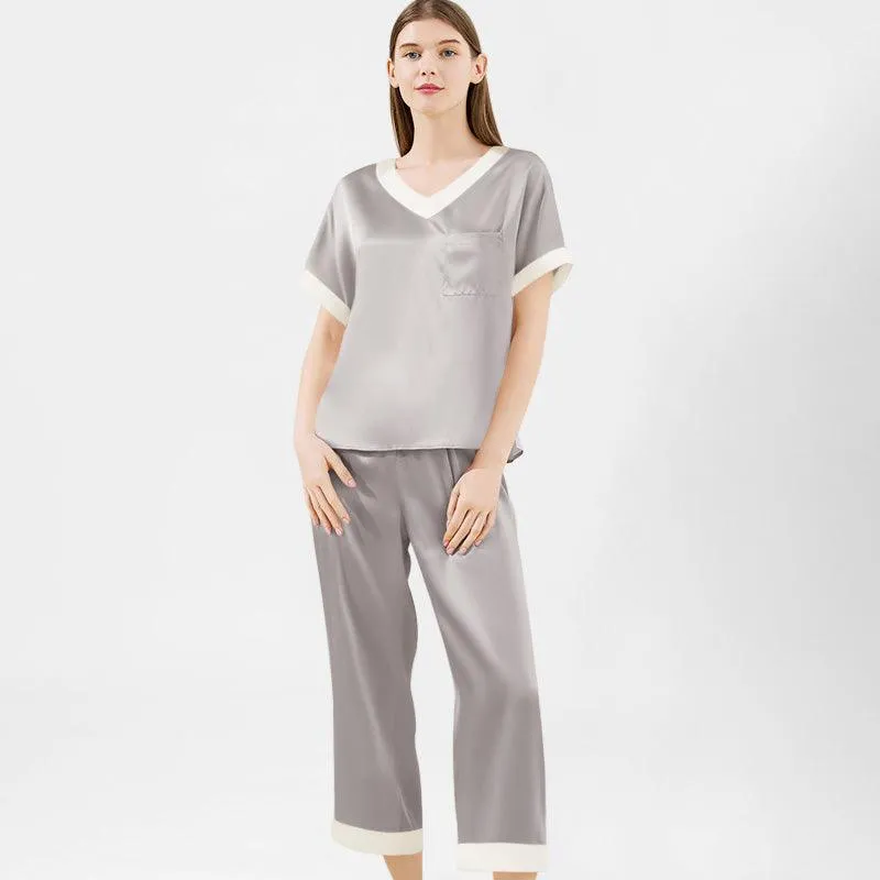 V neck 100% Pure Mulberry Short Sleeve Silk Pajama Set for Women