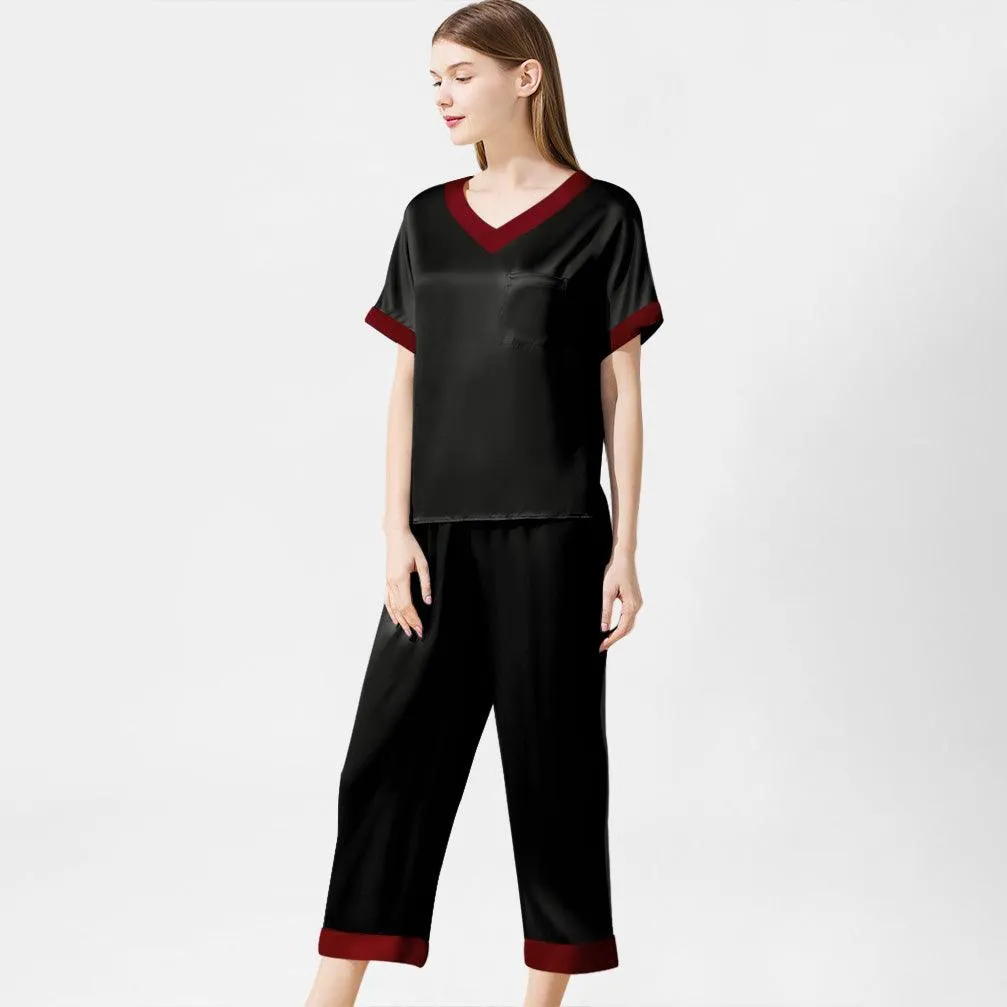V neck 100% Pure Mulberry Short Sleeve Silk Pajama Set for Women