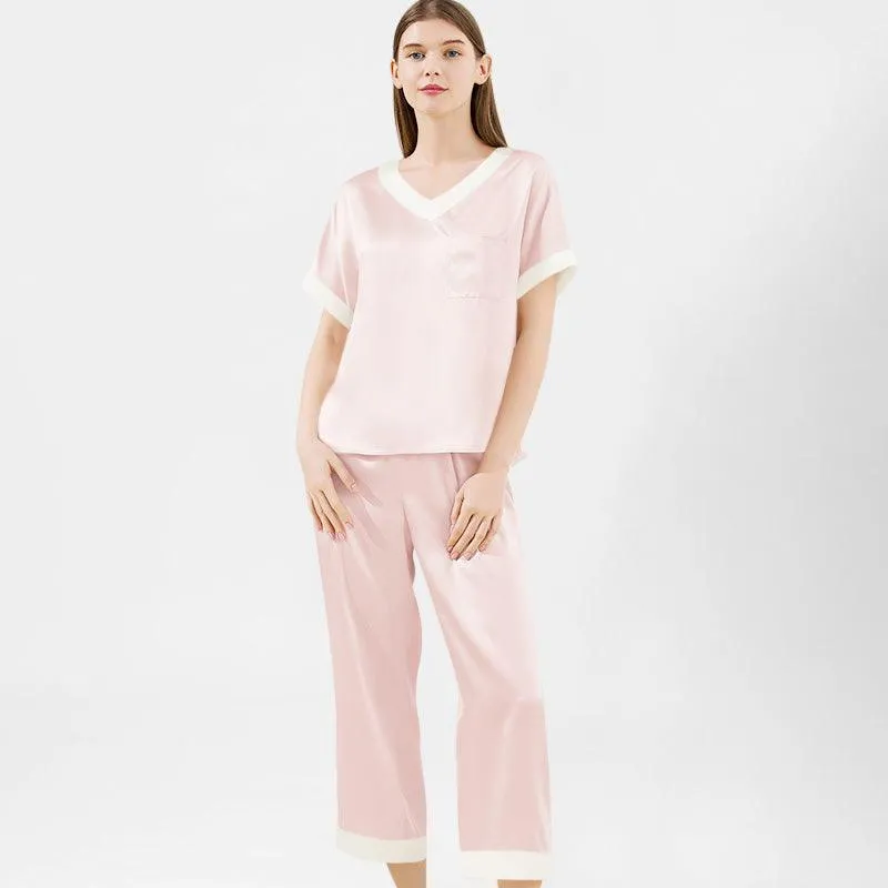 V neck 100% Pure Mulberry Short Sleeve Silk Pajama Set for Women