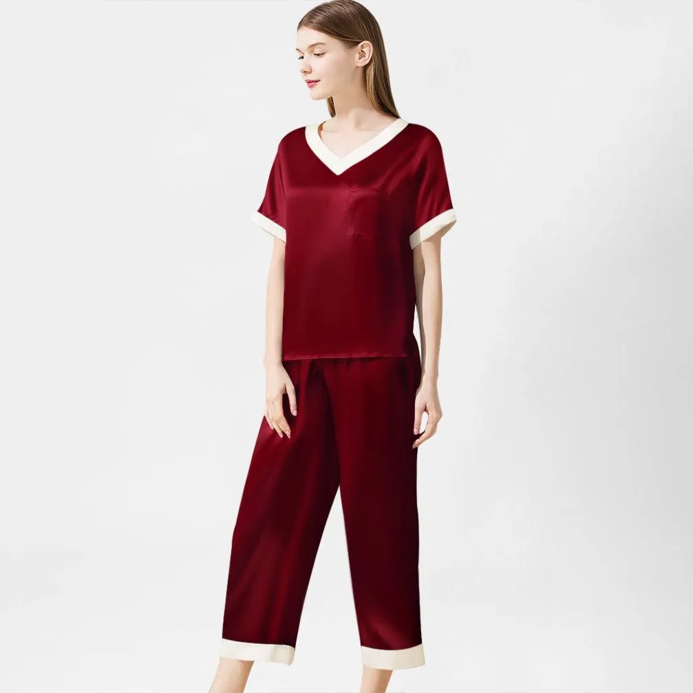 V neck 100% Pure Mulberry Short Sleeve Silk Pajama Set for Women