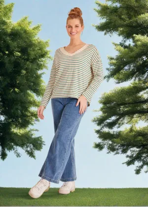 V-Neck Drop Shoulder Top - Teal Stripe