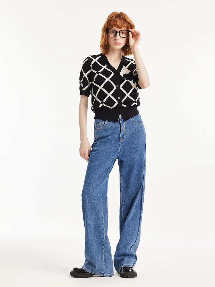 V-Neck Plaid Jacquard Women Cardigan