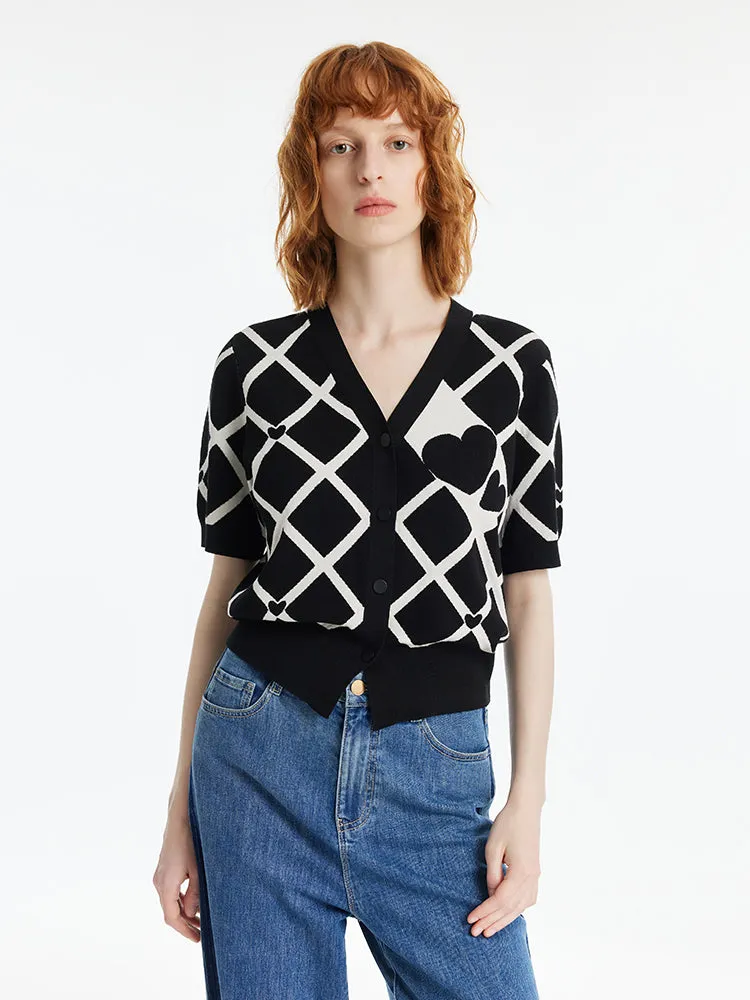 V-Neck Plaid Jacquard Women Cardigan