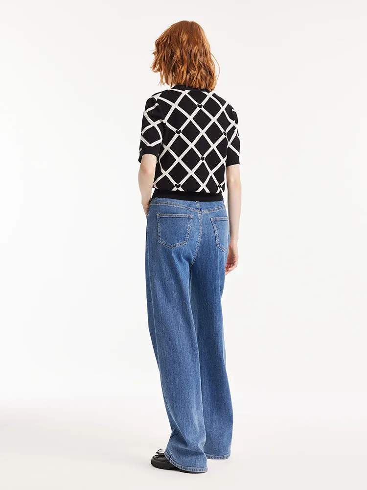 V-Neck Plaid Jacquard Women Cardigan