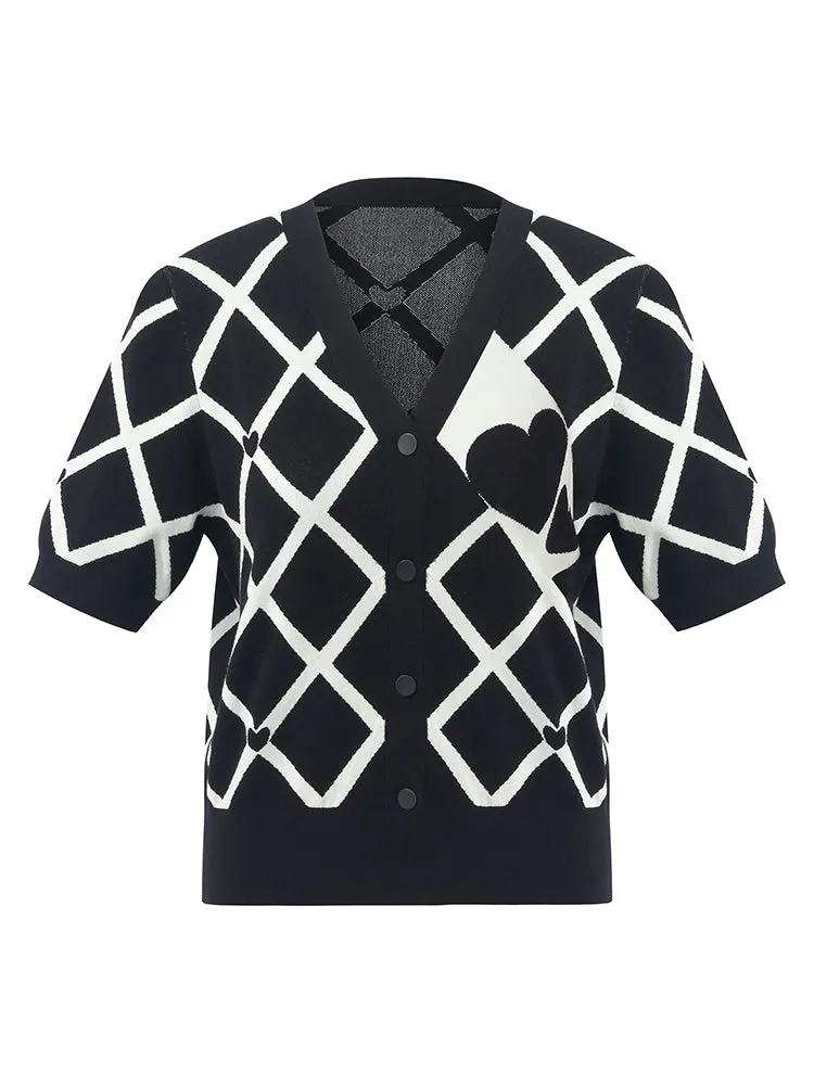 V-Neck Plaid Jacquard Women Cardigan