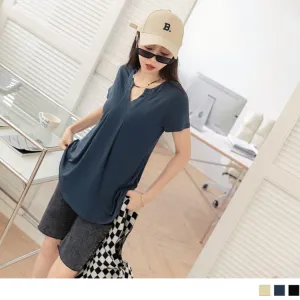 V-NECK RIBBED SHORT SLEEVE LONGLINE TOPS