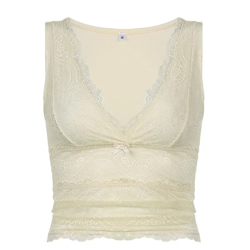 V neck sleeveless lace hem top