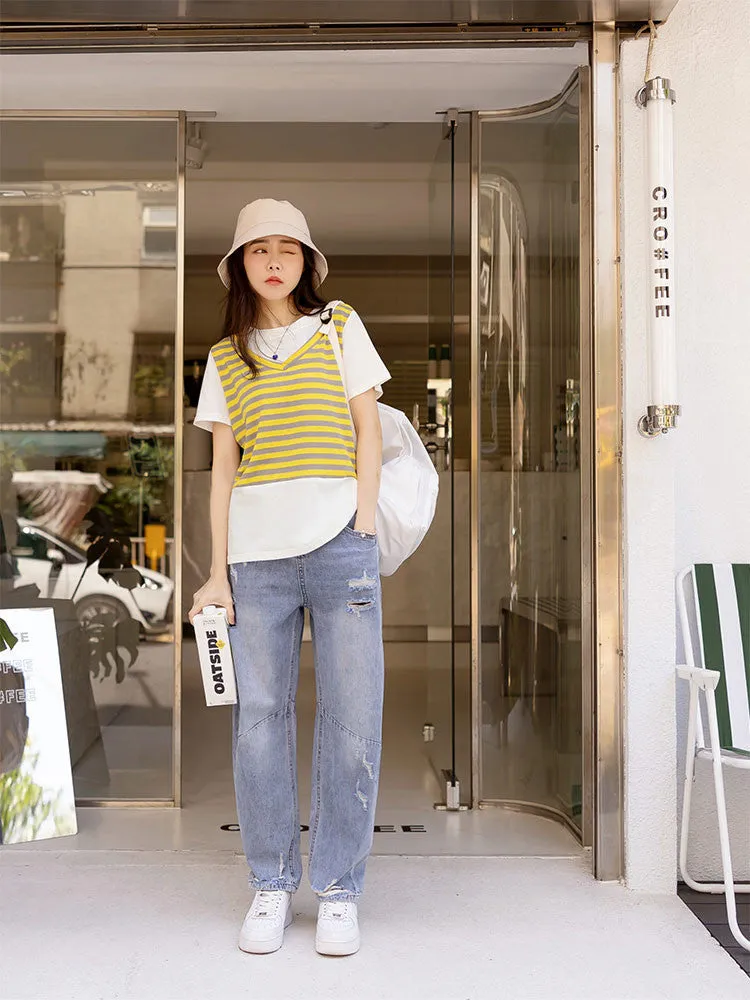 V-Neck Stripe Cotton Vest T-Shirt Top