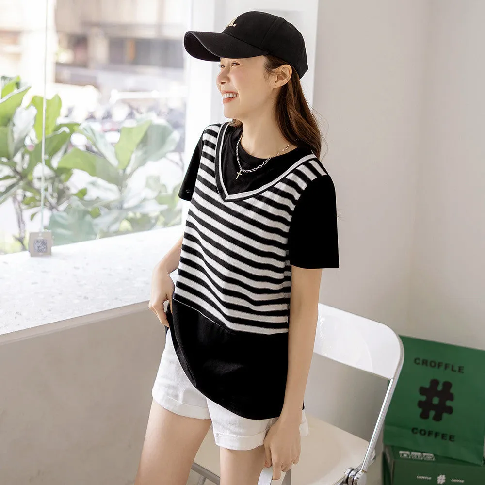 V-Neck Stripe Cotton Vest T-Shirt Top