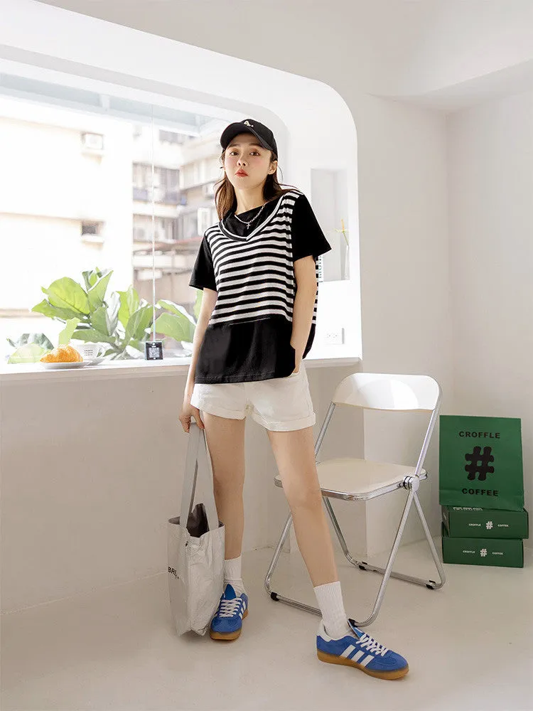 V-Neck Stripe Cotton Vest T-Shirt Top