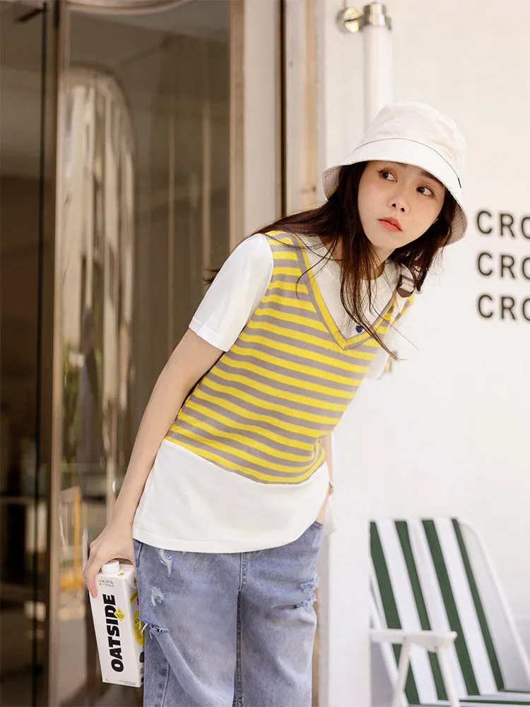 V-Neck Stripe Cotton Vest T-Shirt Top