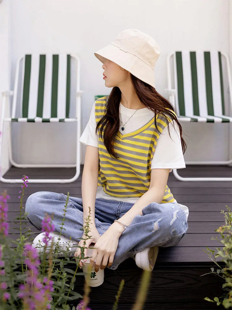 V-Neck Stripe Cotton Vest T-Shirt Top