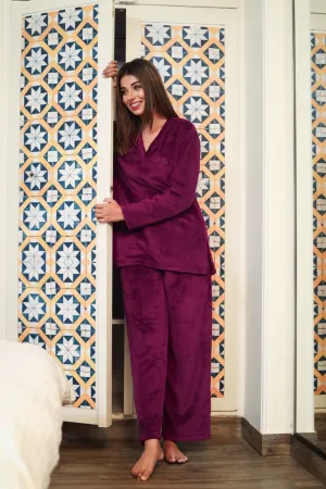 V neck Super Soft wine woollen Lounge Wear Set