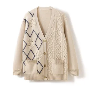 V-neck Thickened Color Block Diamond Crochet Hollow Cardigan Cashmere Sweater
