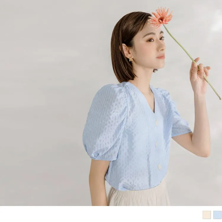 V-NECK TUNIC PUFF SLEEVE SHORT SLEEVE CROP TOPS