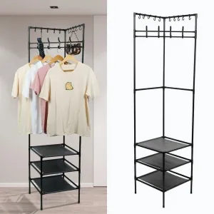 valiant Corner Hall Tree Freestanding Coat Rack with 3 Tier Shoes Rack Storage and 10 Movable Hooks Metal Entryway Coat Rack Waterproof Corner Coat Rack Practical Entryway Corner Organizer Coat Rack for Home