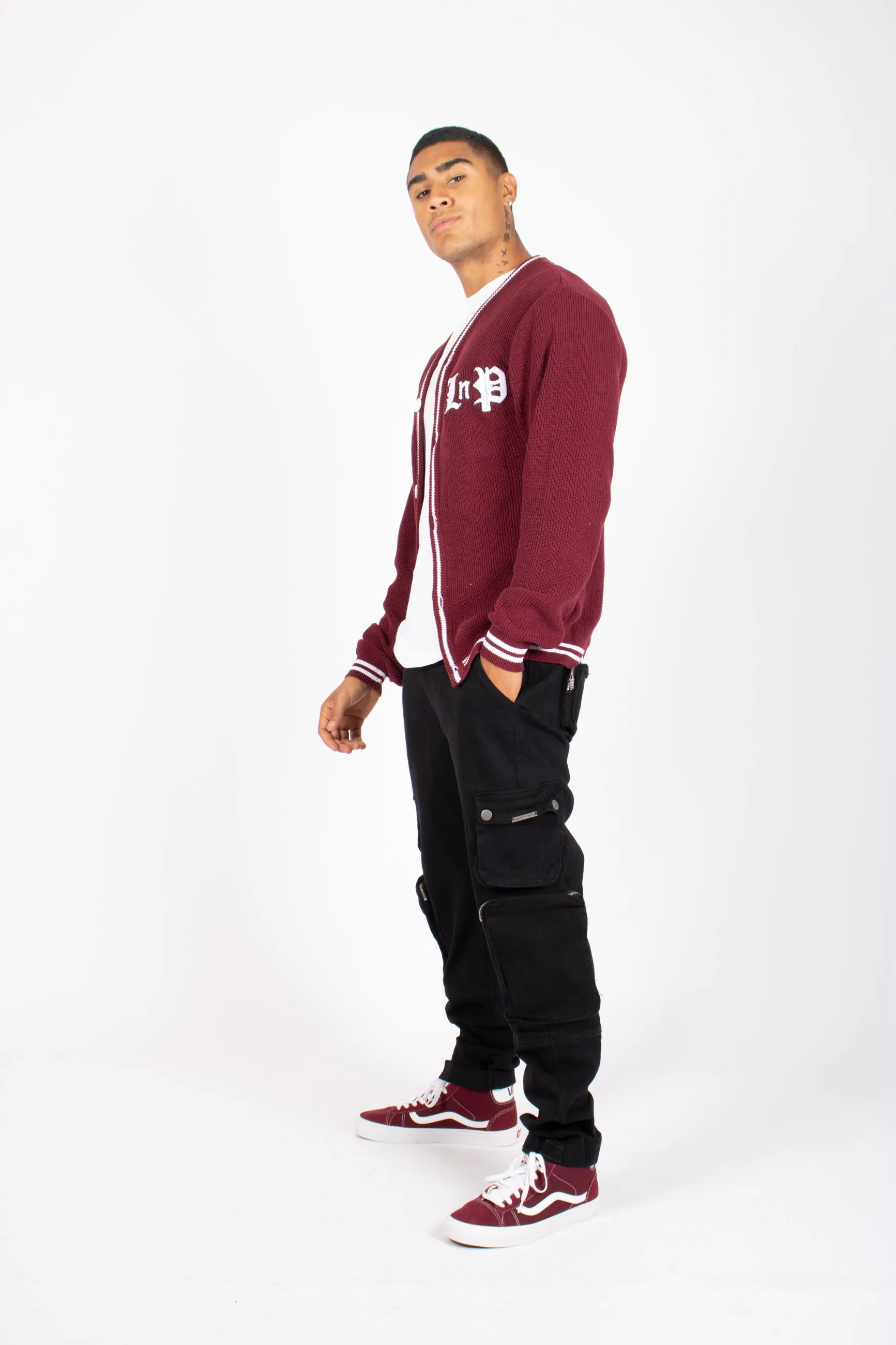 Varsity Knitted Burgundy Cardigan