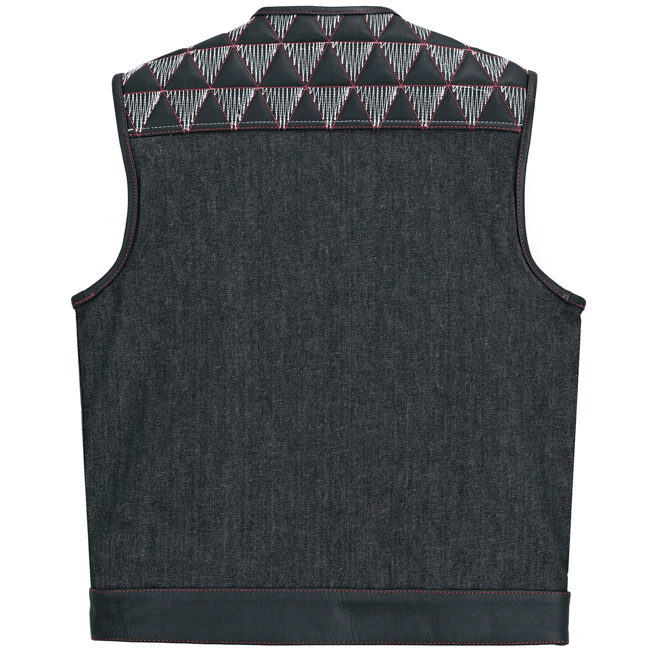 VB927RW Men's Denim & Leather Motorcycle Vest with Conceal Carry Pockets, SOA Biker Club Vest Red & White Stitching