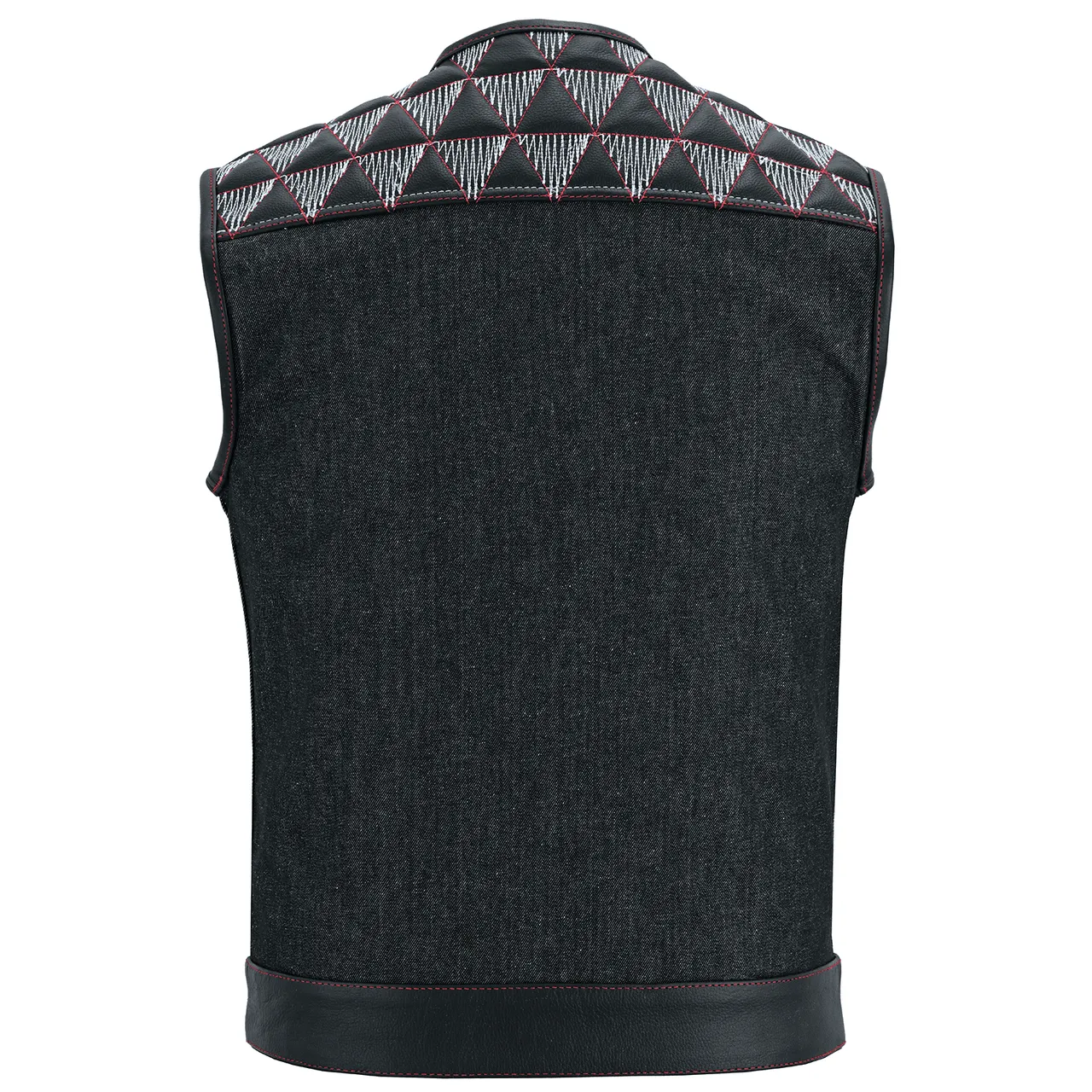 VB927RW Men's Denim & Leather Motorcycle Vest with Conceal Carry Pockets, SOA Biker Club Vest Red & White Stitching