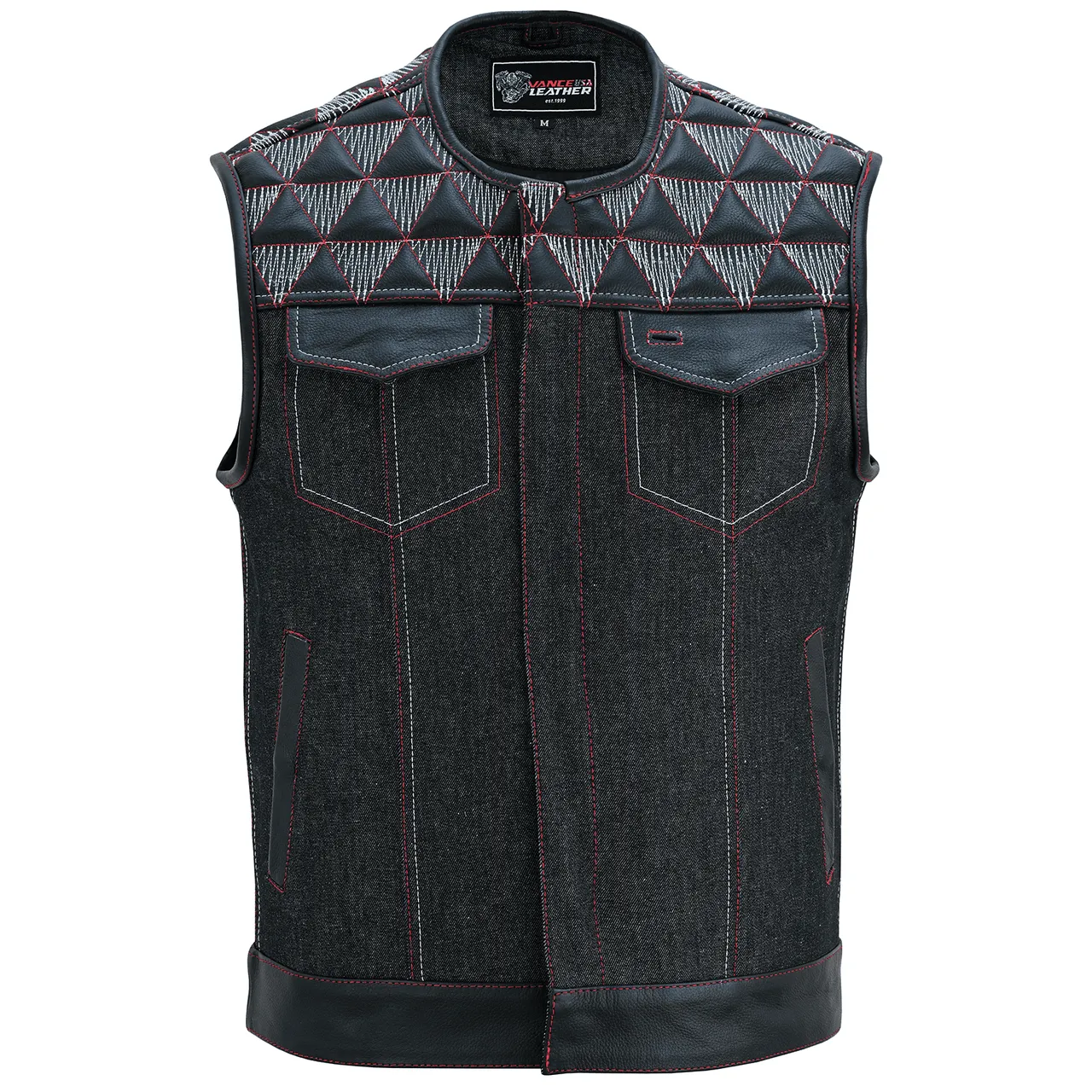 VB927RW Men's Denim & Leather Motorcycle Vest with Conceal Carry Pockets, SOA Biker Club Vest Red & White Stitching
