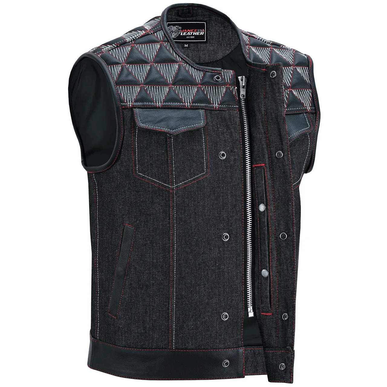 VB927RW Men's Denim & Leather Motorcycle Vest with Conceal Carry Pockets, SOA Biker Club Vest Red & White Stitching