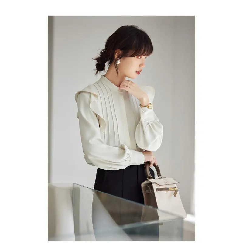 Versatile White Drape Feeling Ruffle Trim Chic Ambiance Blouse