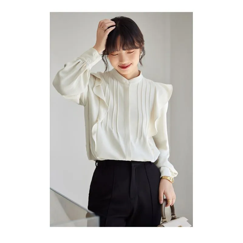 Versatile White Drape Feeling Ruffle Trim Chic Ambiance Blouse