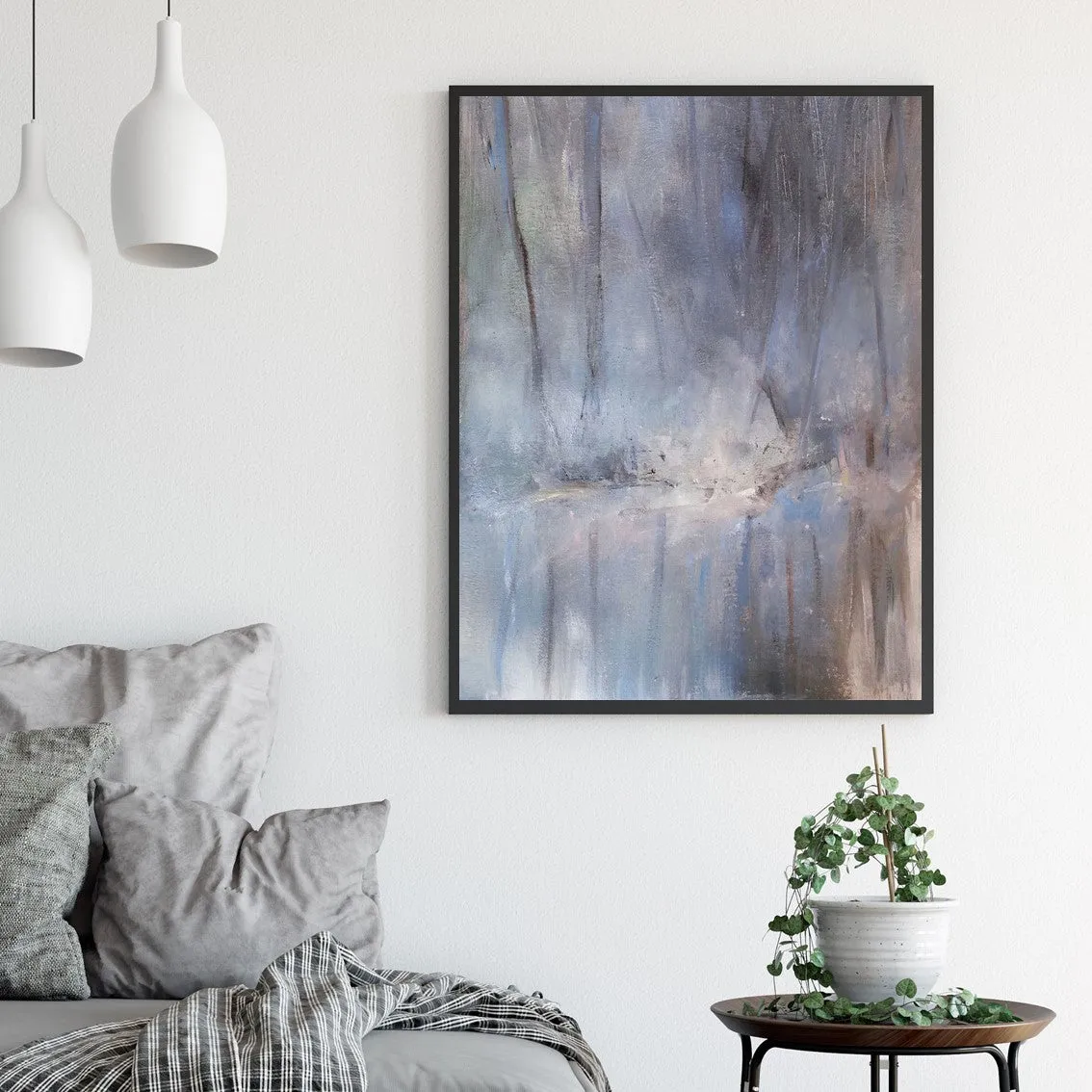 Vertical neutral & blue abstract landscape wall art print