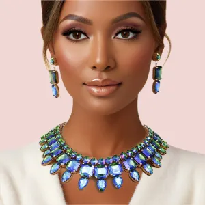 Vibrant Gold-Tone Blue Green Crystal Bib Necklace and Earrings Set