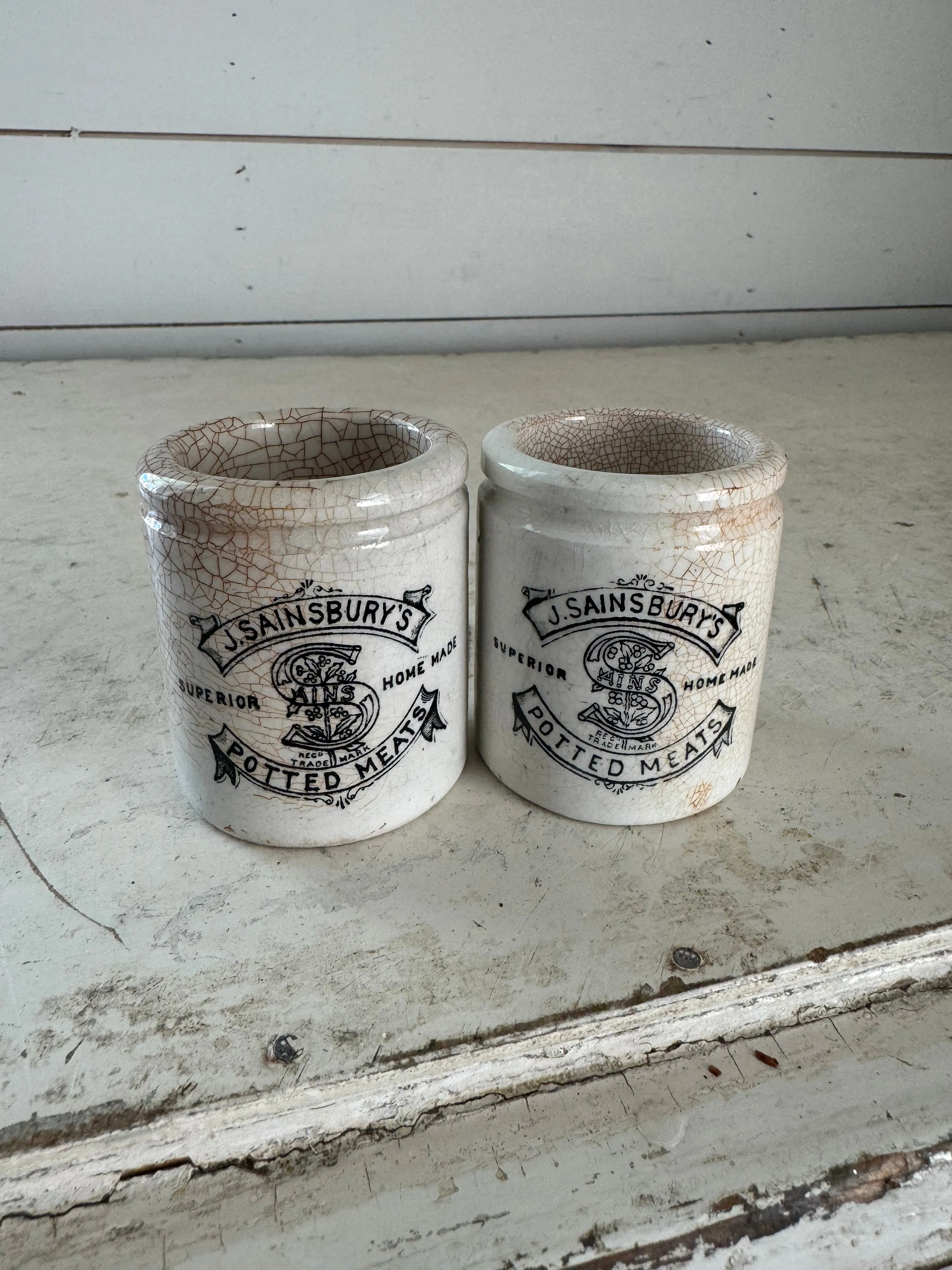 Victorian Antique English Advertising Pot – J. Sainsbury’s Potted Meats - sold individually - Crazed & cracked