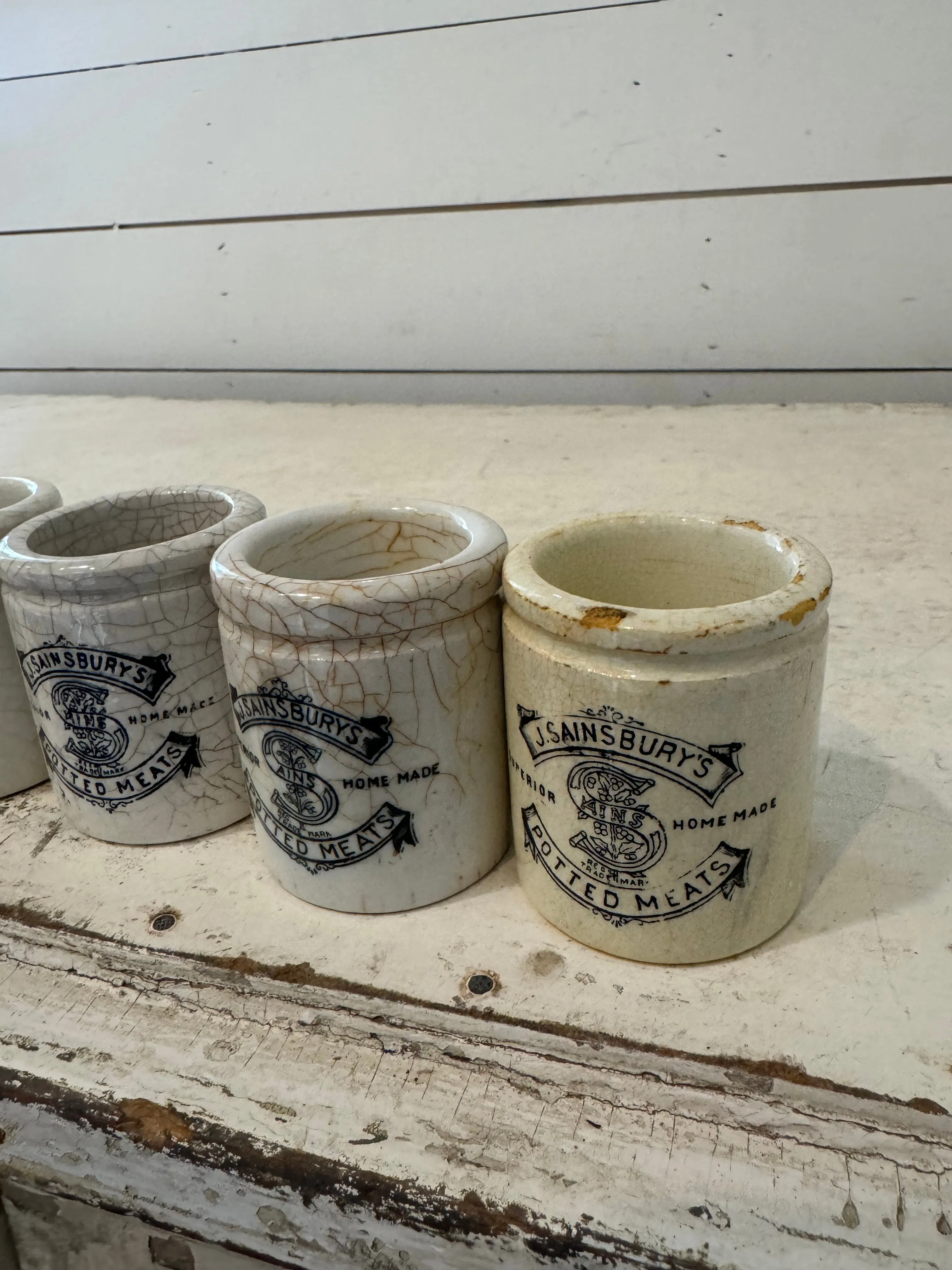 Victorian Antique English Advertising Pot – J. Sainsbury’s Potted Meats - sold individually - Crazed & cracked