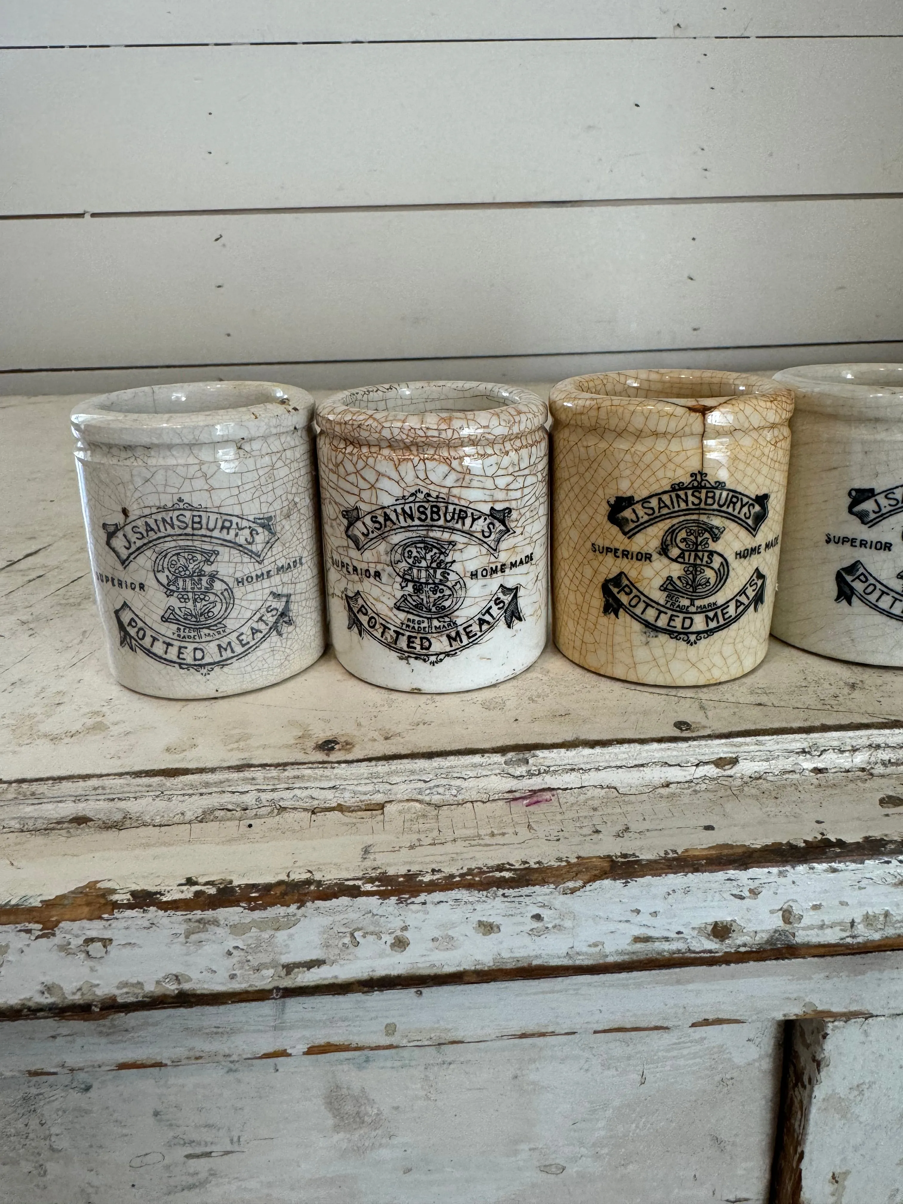 Victorian Antique English Advertising Pot – J. Sainsbury’s Potted Meats - sold individually - Crazed & cracked