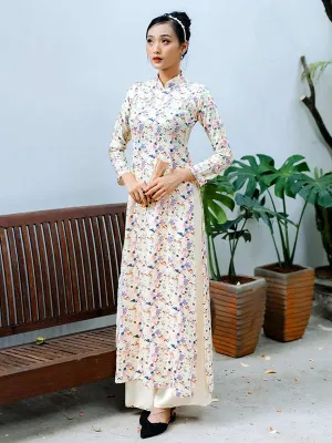 Vietnamese Ao Dai Dress White Printed Pattern Includes One Ao Dai Top And Pants