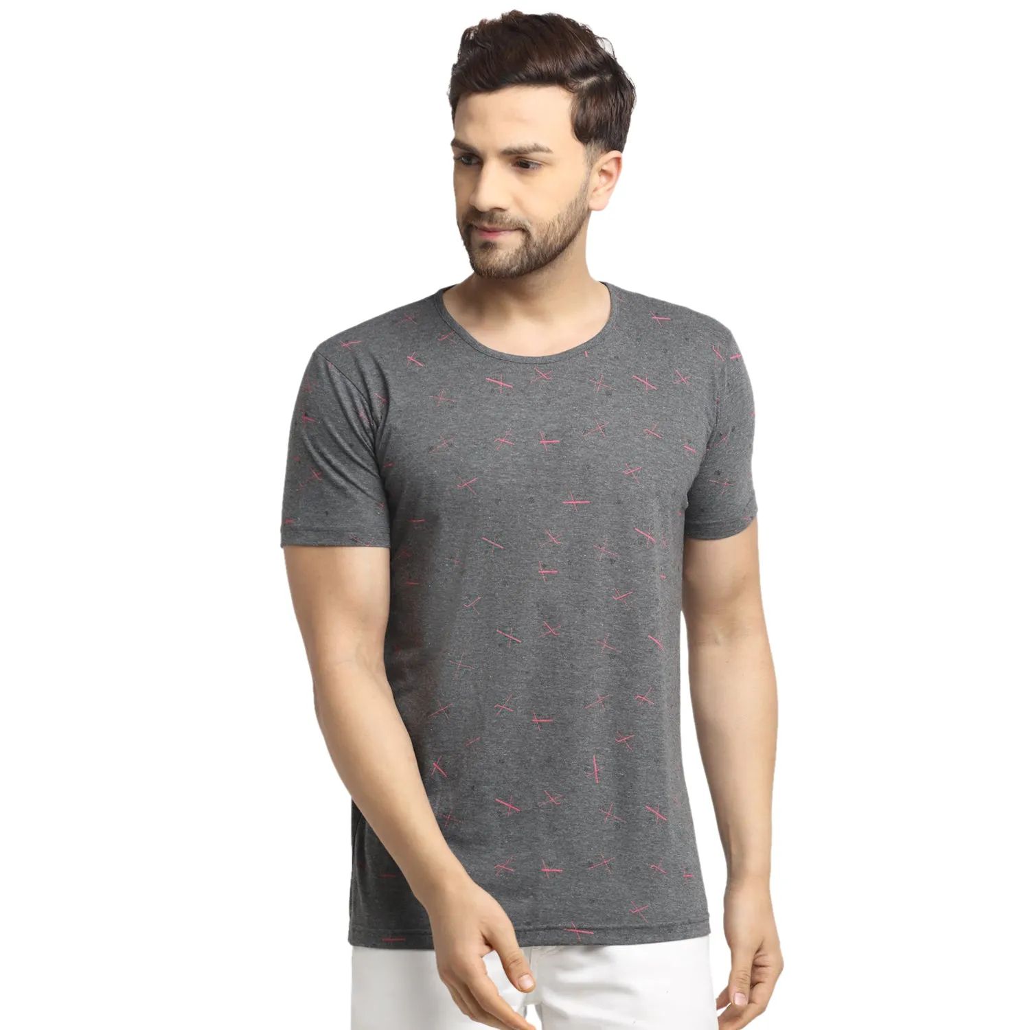 VIMAL JONNEY Men's Grey Printed Round Neck Tshirt