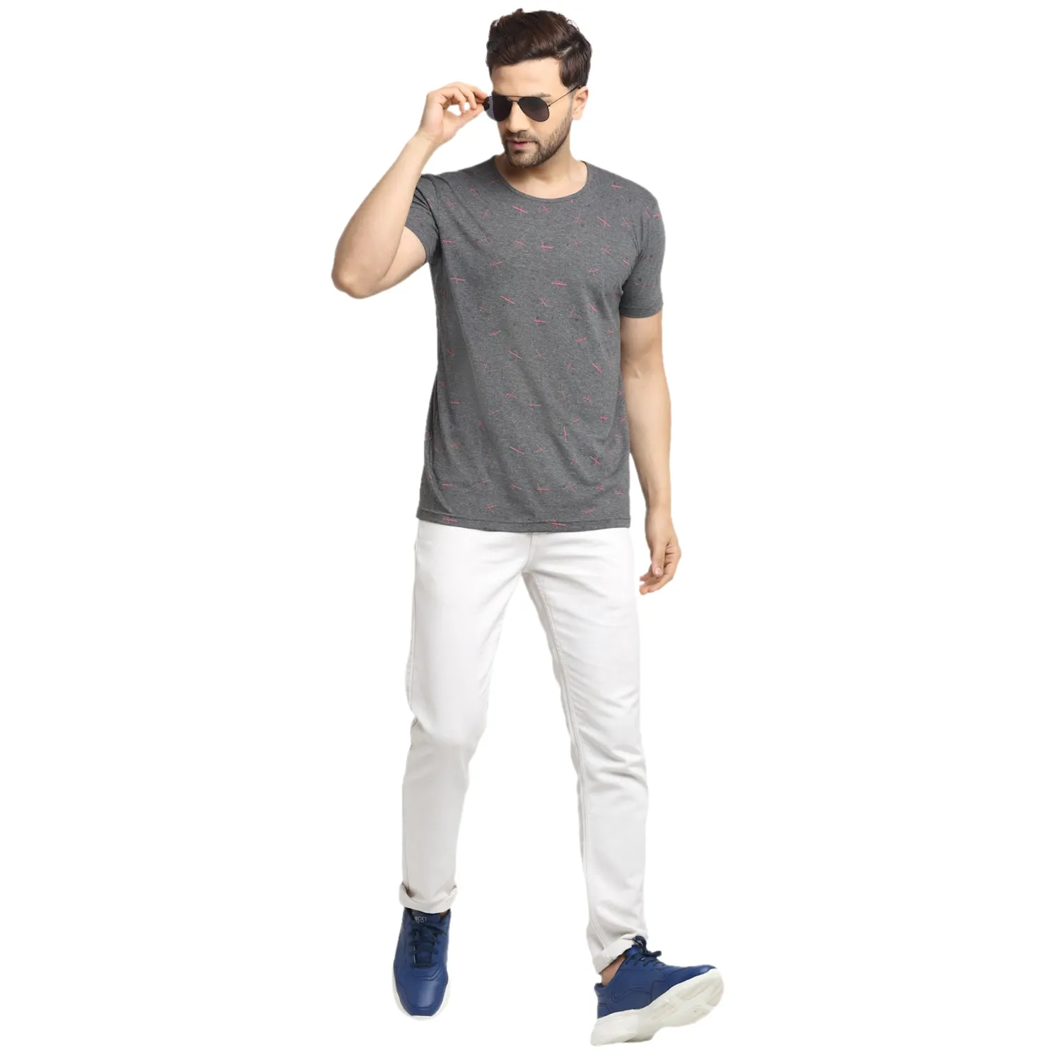 VIMAL JONNEY Men's Grey Printed Round Neck Tshirt