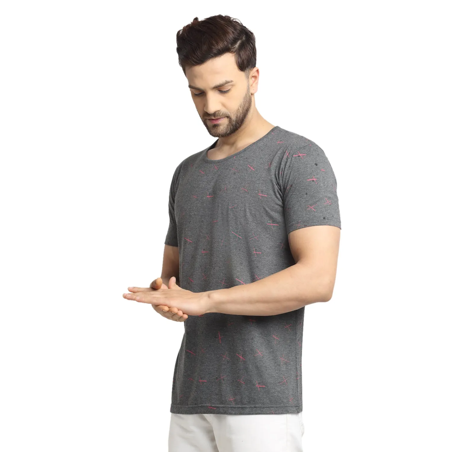 VIMAL JONNEY Men's Grey Printed Round Neck Tshirt