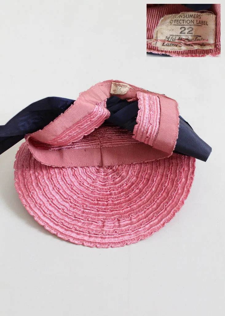 Vintage 1930s Dramatic Pink Floral Straw Tilt Hat