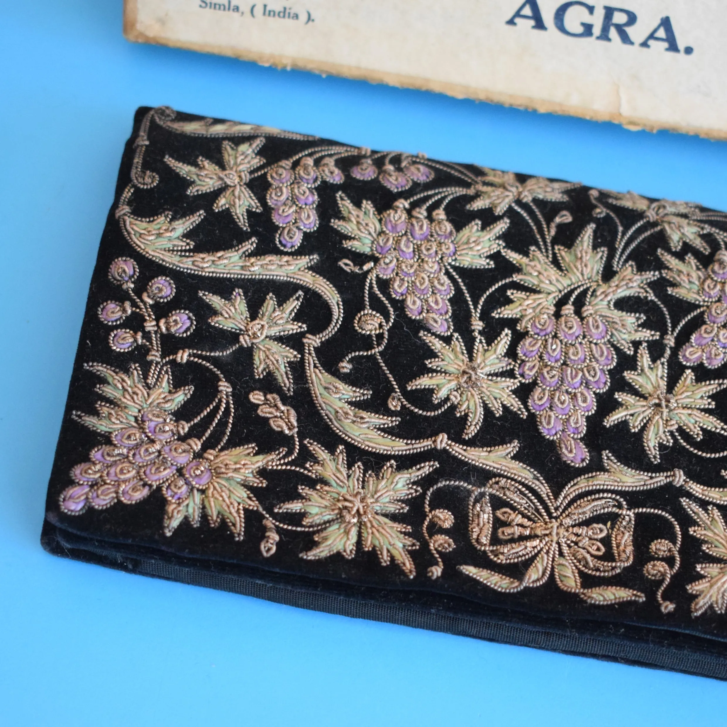 Vintage 1940s Embroidered Velvet Clutch Bag - Boxed