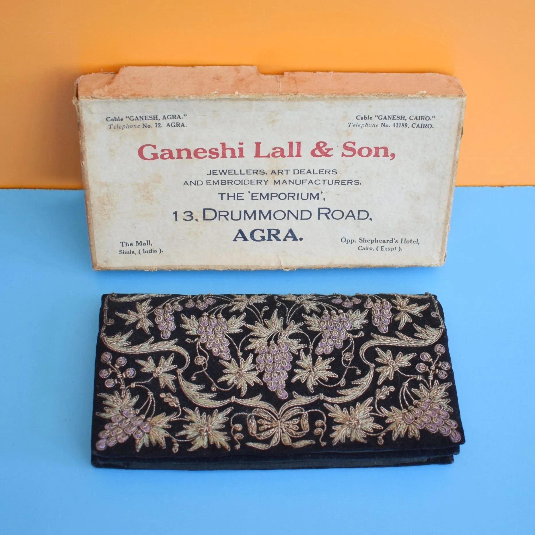 Vintage 1940s Embroidered Velvet Clutch Bag - Boxed