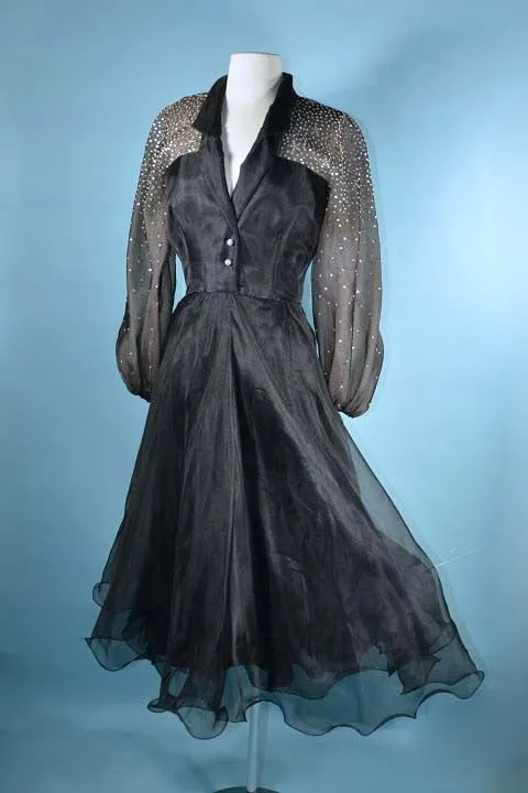 Vintage 50s Black Party Dress Sheer Full Sleeves   Rhinestones, 25" Waist  XS/S
